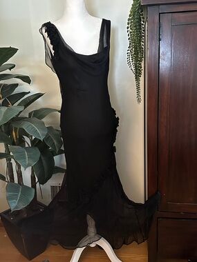 Black Sheer Cowl Neck Slip Dress with Ruffle Appliqué